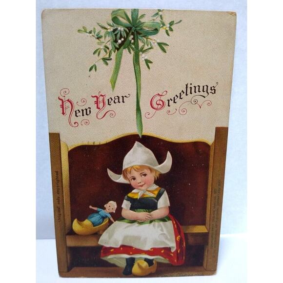 New Years Postcard Ellen Clapsaddle Dutch Girl Wood Shoe 1908 Germany Vintage - Picture 1 of 2